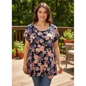 Northern Reflections Large Navy Pink Floral Shark Tooth Top